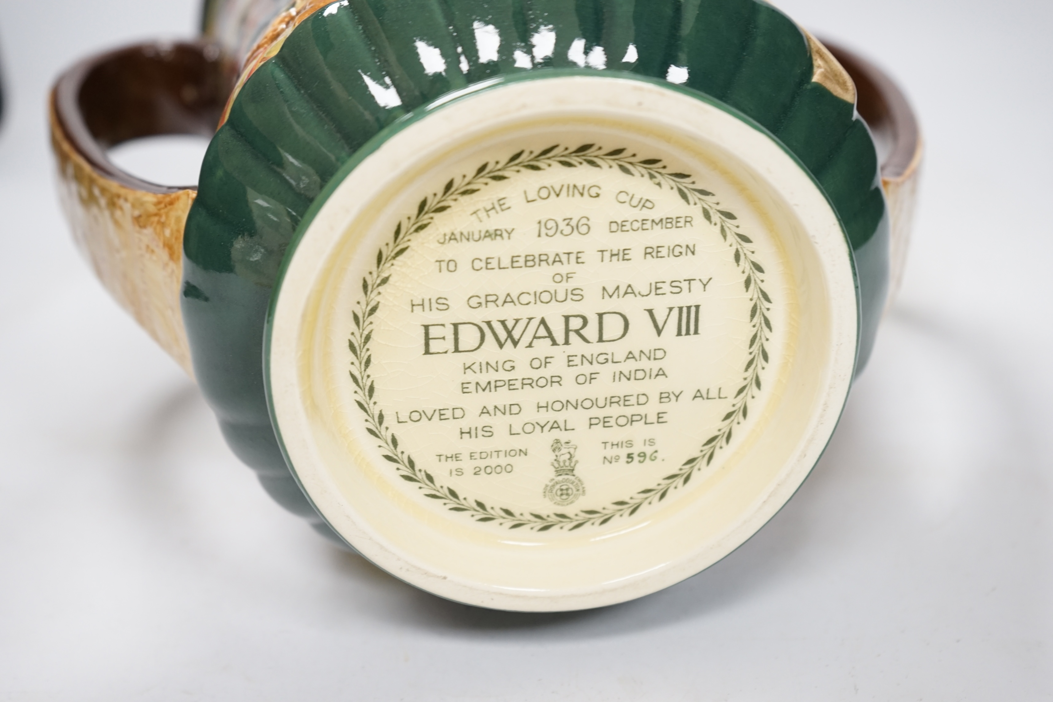 A Doulton commemorative cup, coronation of Edward VIII, 1936, limited edition 596/2000, 26cm high. Condition - good, general crazing